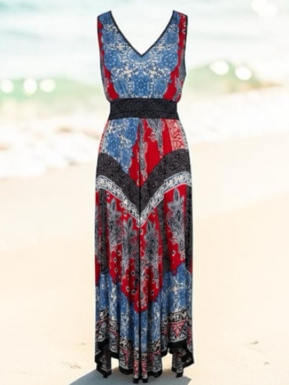 Bila Red and Blue Paisley Sleeveless Maxi Dress